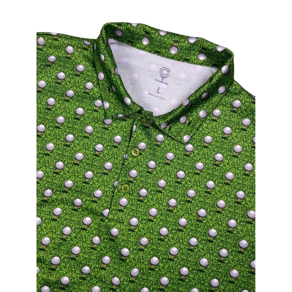 Caddy Daddy‎ Mens Golf Ball Grass Print Polo Shirt Green Size Large Novelty Tee